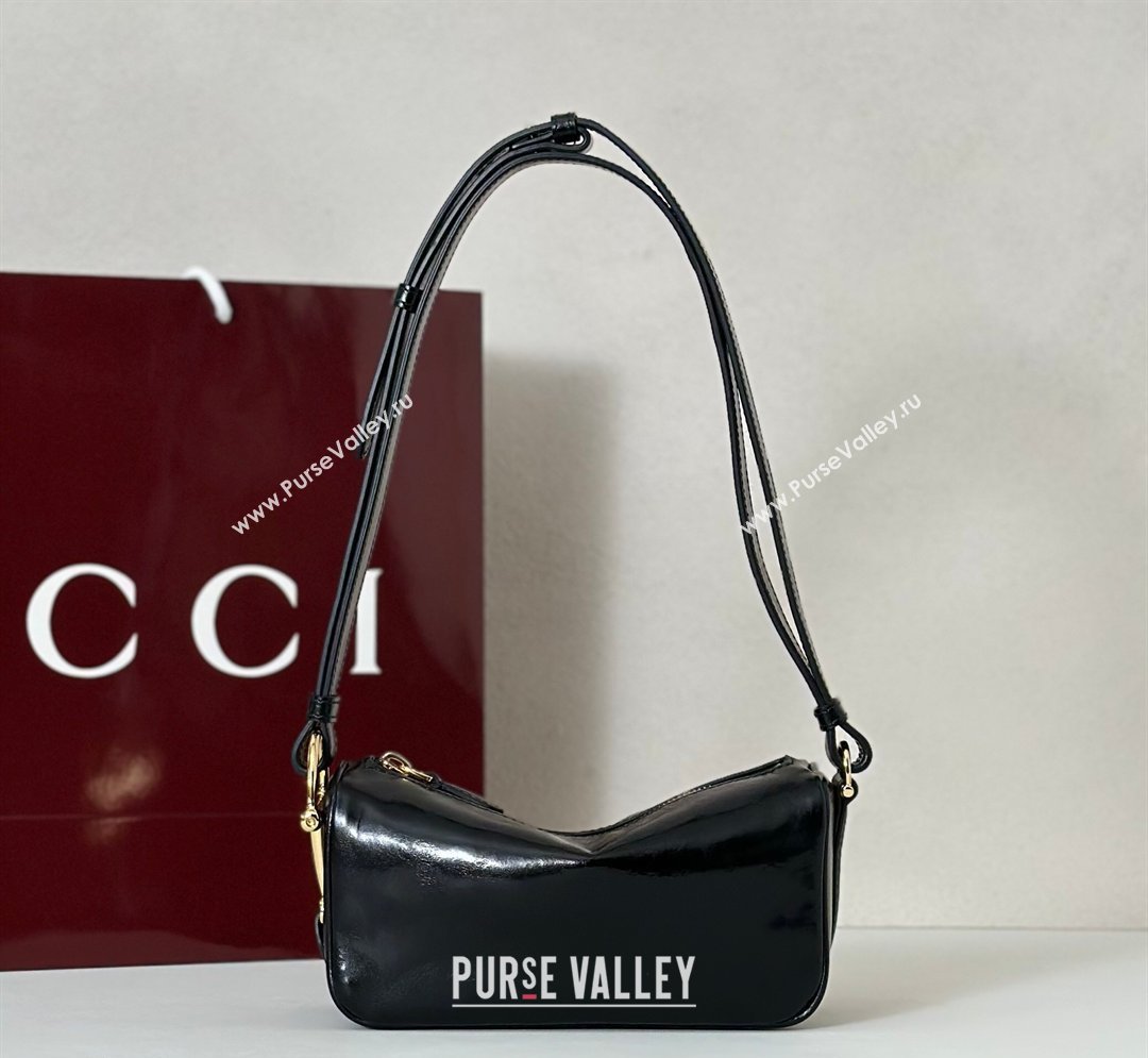 Gucci Half Horsebit mini shoulder bag in Crinkle Patent Leather Black 2026 860784 (DLH-260128056)