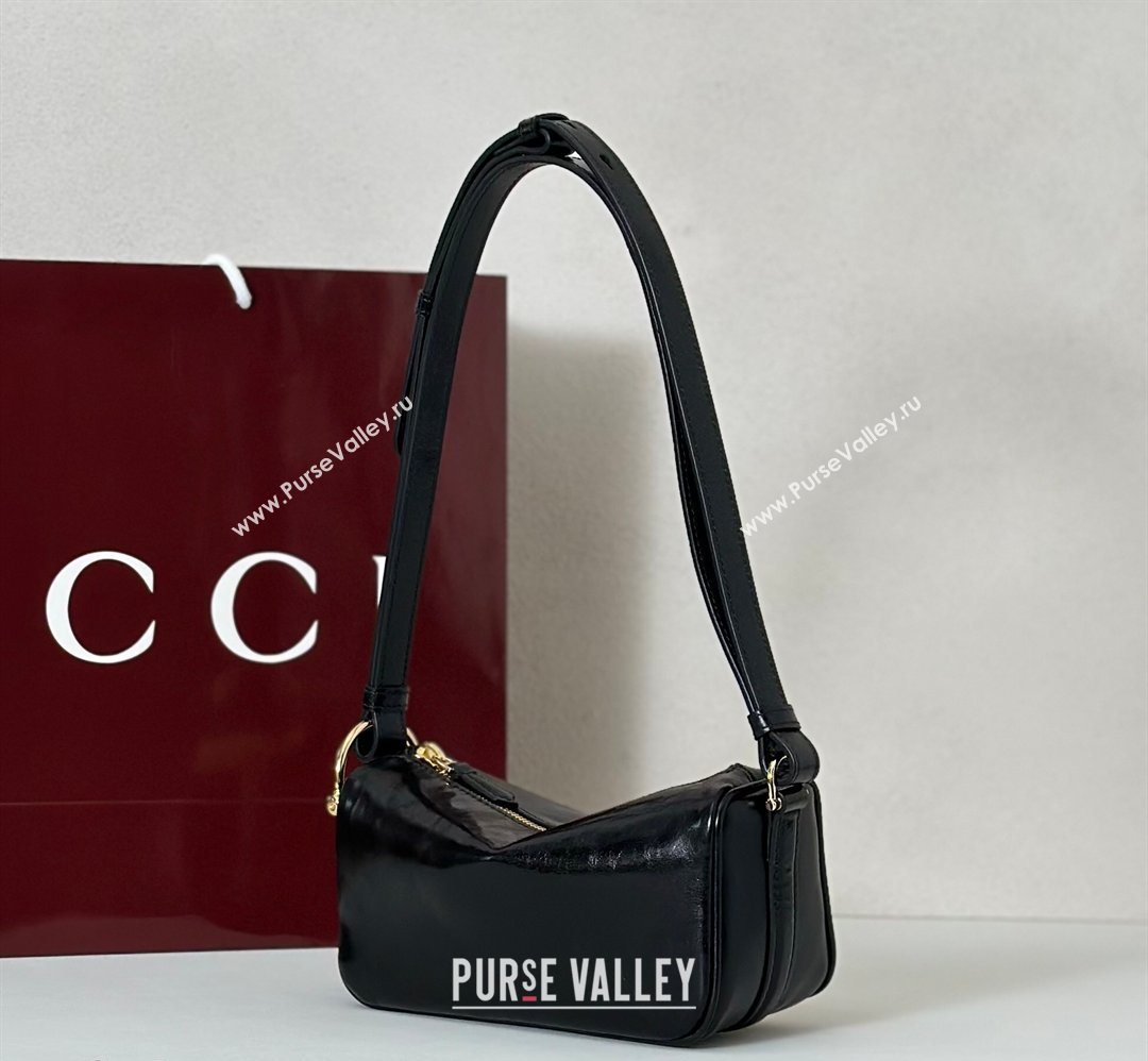 Gucci Half Horsebit mini shoulder bag in Crinkle Patent Leather Black 2026 860784 (DLH-260128056)
