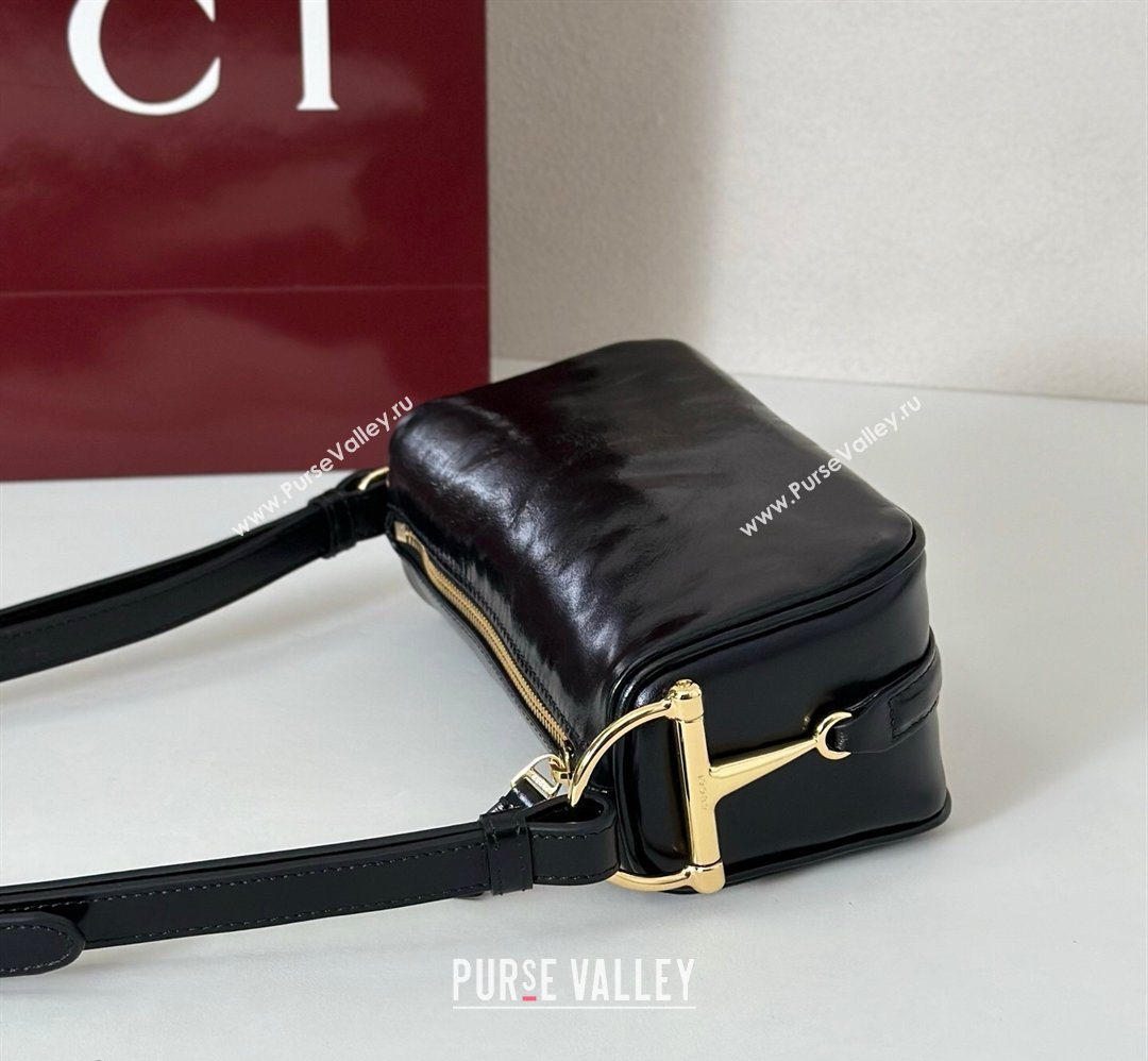 Gucci Half Horsebit mini shoulder bag in Crinkle Patent Leather Black 2026 860784 (DLH-260128056)