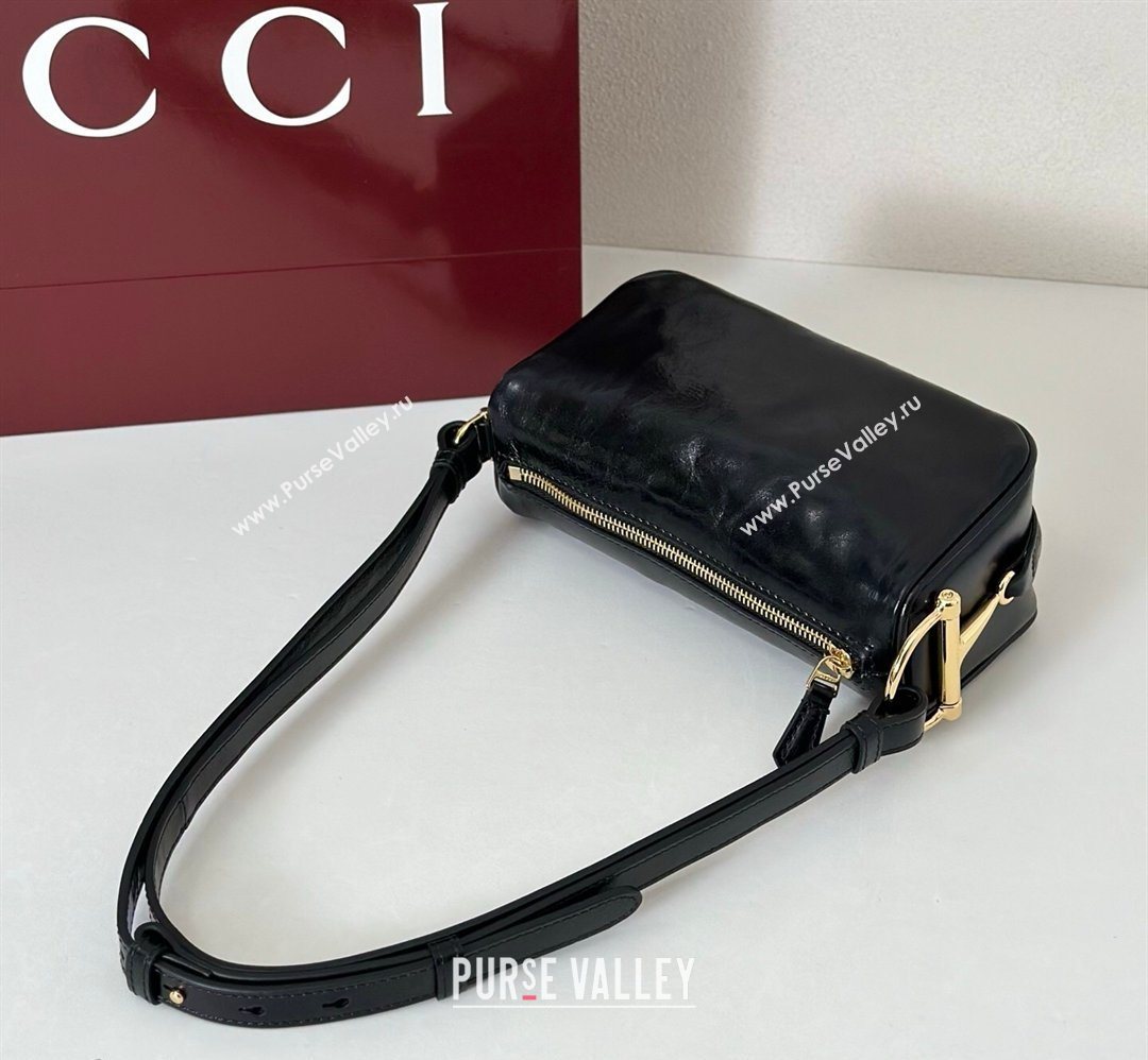 Gucci Half Horsebit mini shoulder bag in Crinkle Patent Leather Black 2026 860784 (DLH-260128056)