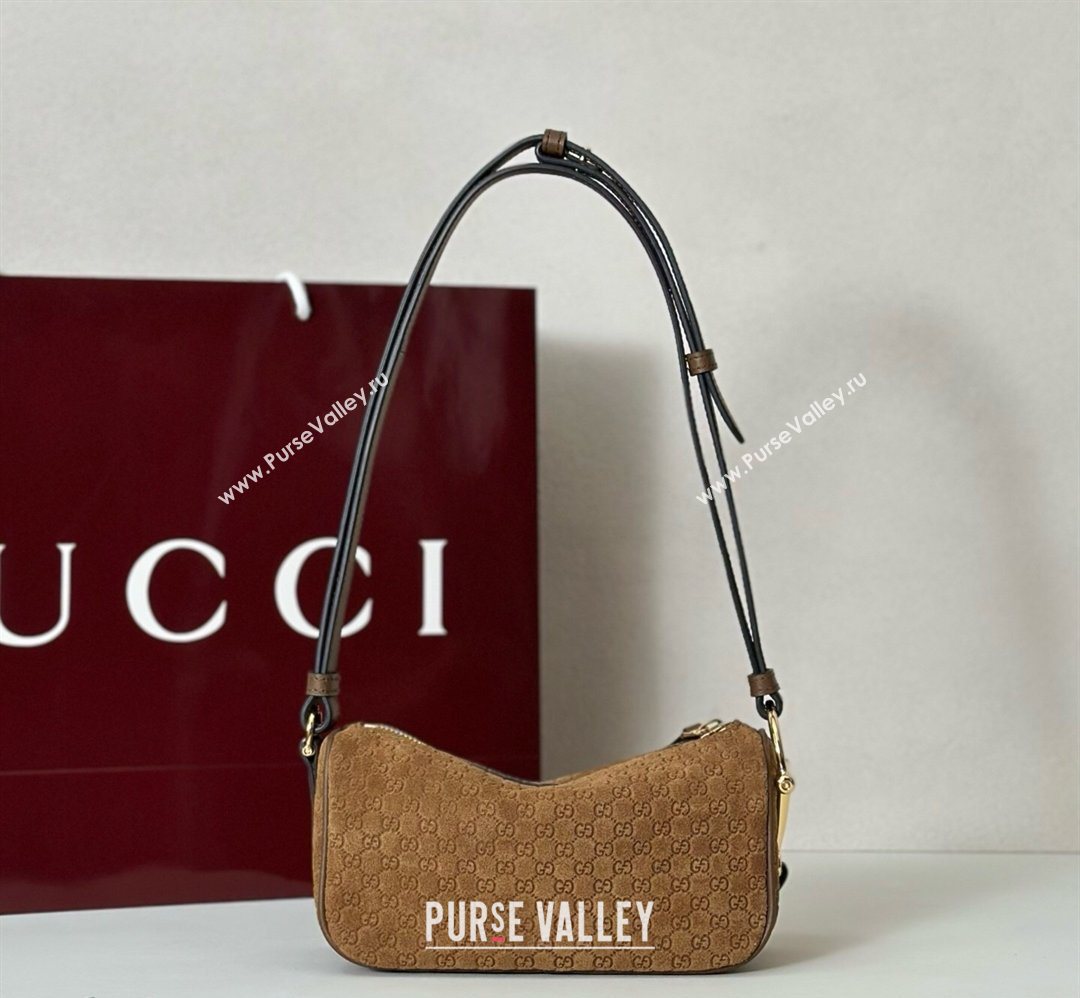 Gucci Half Horsebit mini shoulder bag in GG Suede Brown 2026 860784 (DLH-260128055)