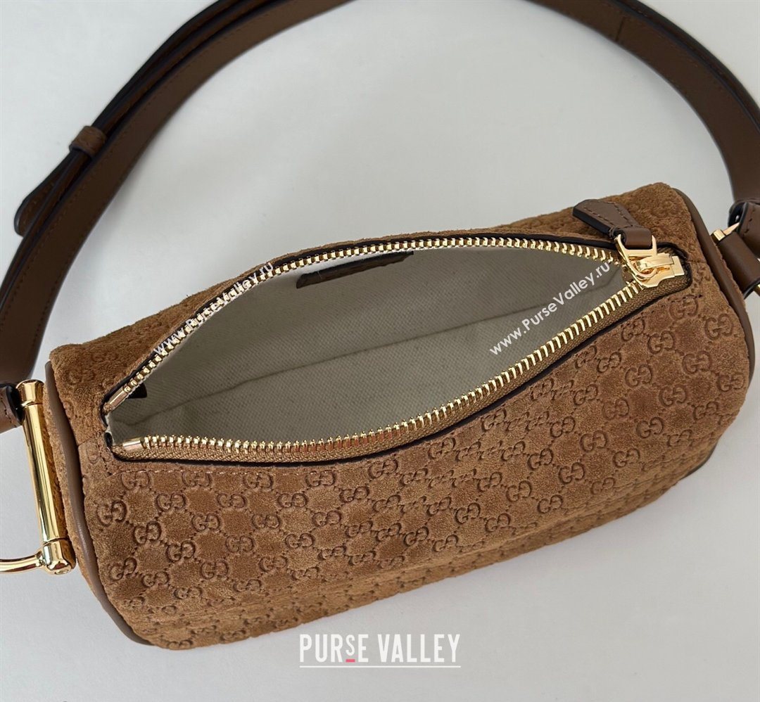 Gucci Half Horsebit mini shoulder bag in GG Suede Brown 2026 860784 (DLH-260128055)