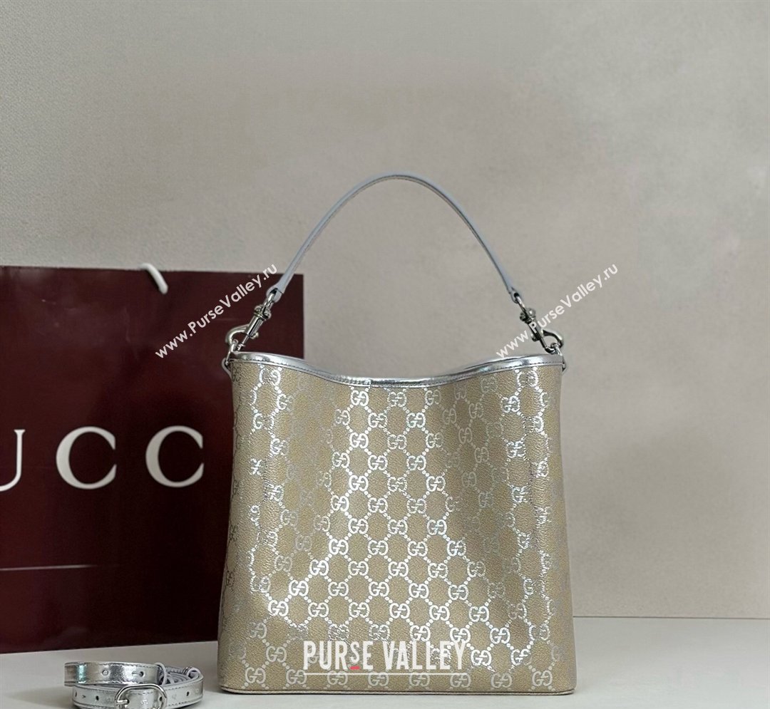 Gucci GG Canvas Emblem Medium Bucket Bag Silver 2026 815103 (DLH-260127081)