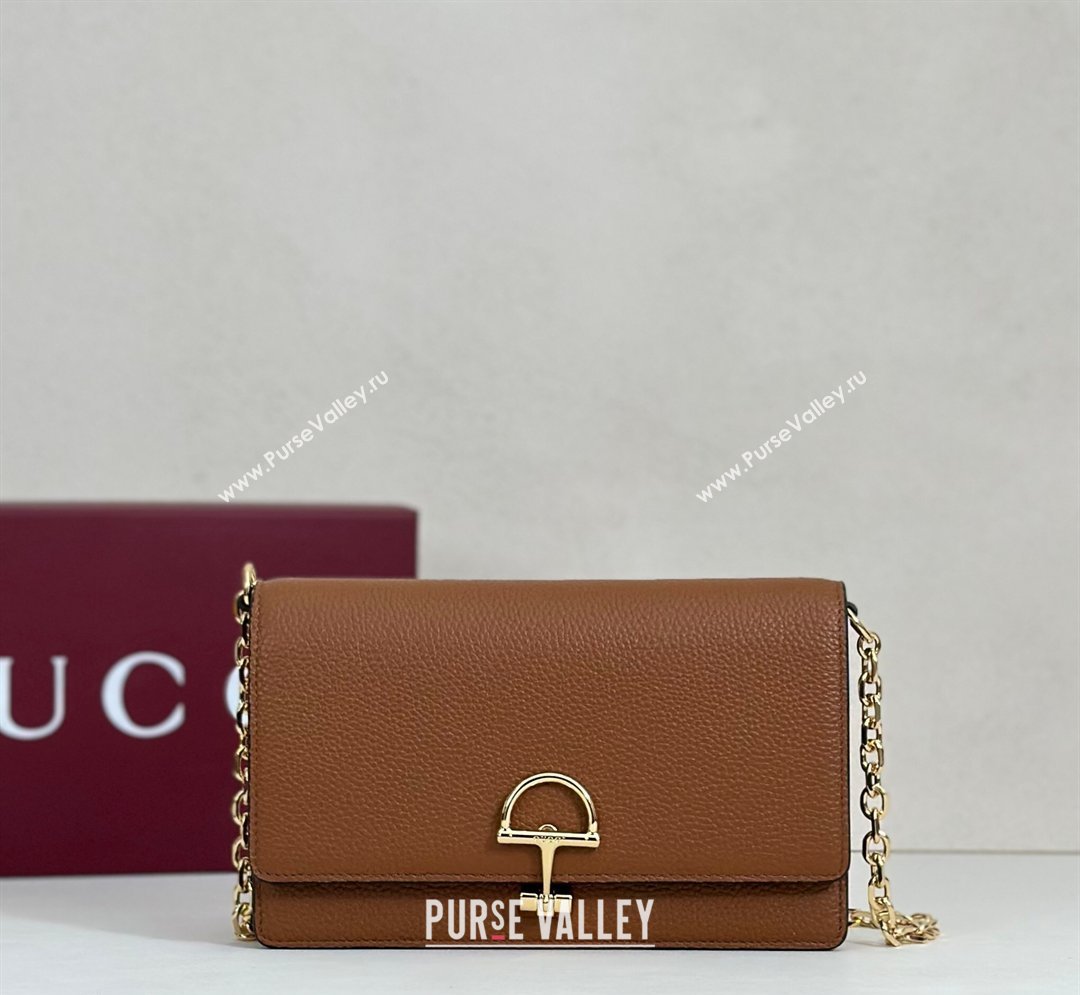 Gucci Half Horsebit wallet on chain in Grainy Leather Brown 2026 855654 (DLH-260128154)