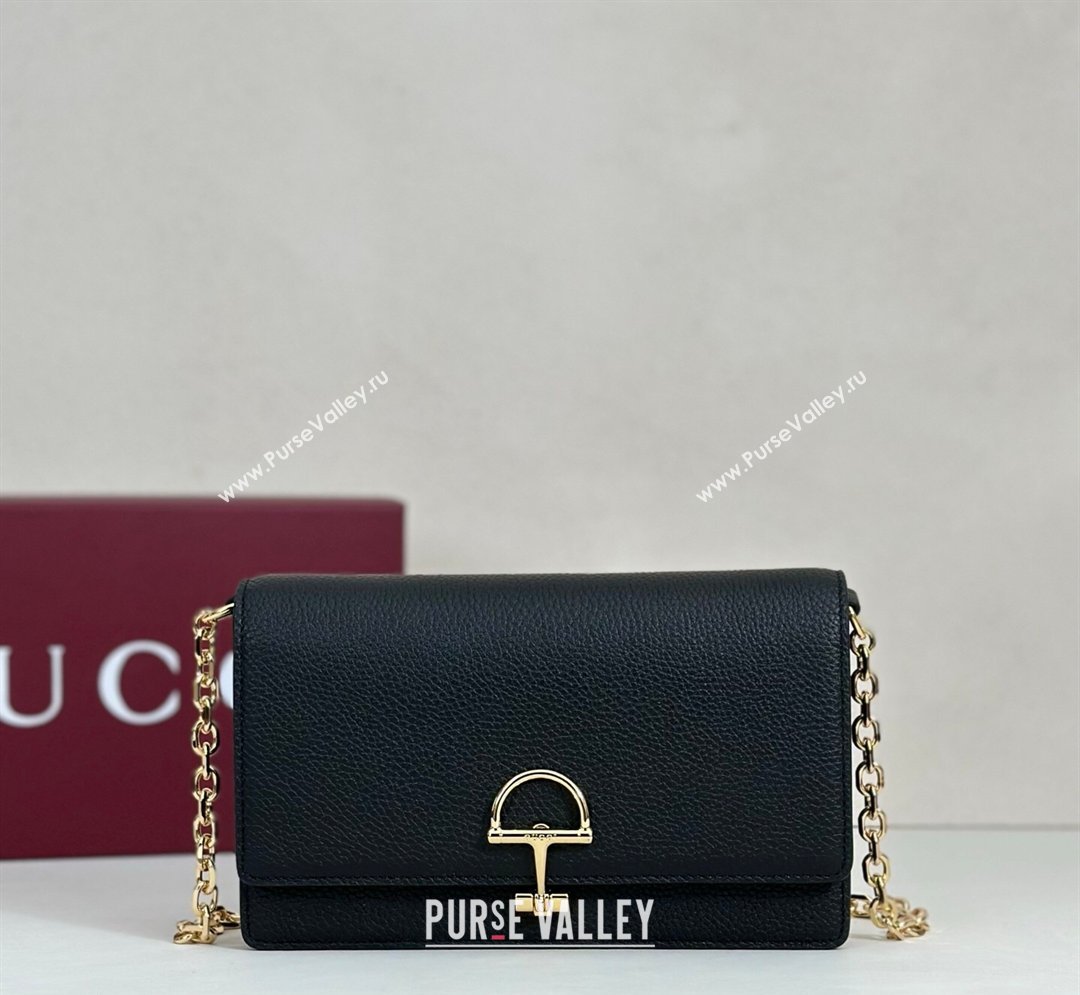 Gucci Half Horsebit wallet on chain in Grainy Leather Black 2026 855654 (DLH-260128157)