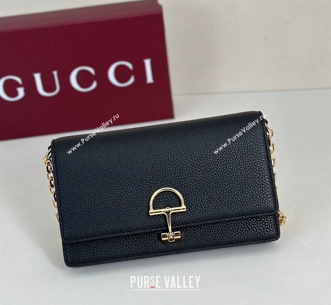 Gucci Half Horsebit wallet on chain in Grainy Leather Black 2026 855654 (DLH-260128157)
