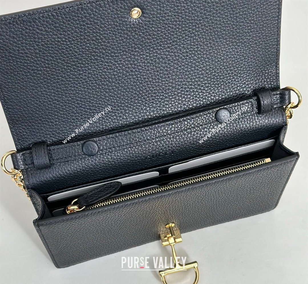 Gucci Half Horsebit wallet on chain in Grainy Leather Black 2026 855654 (DLH-260128157)
