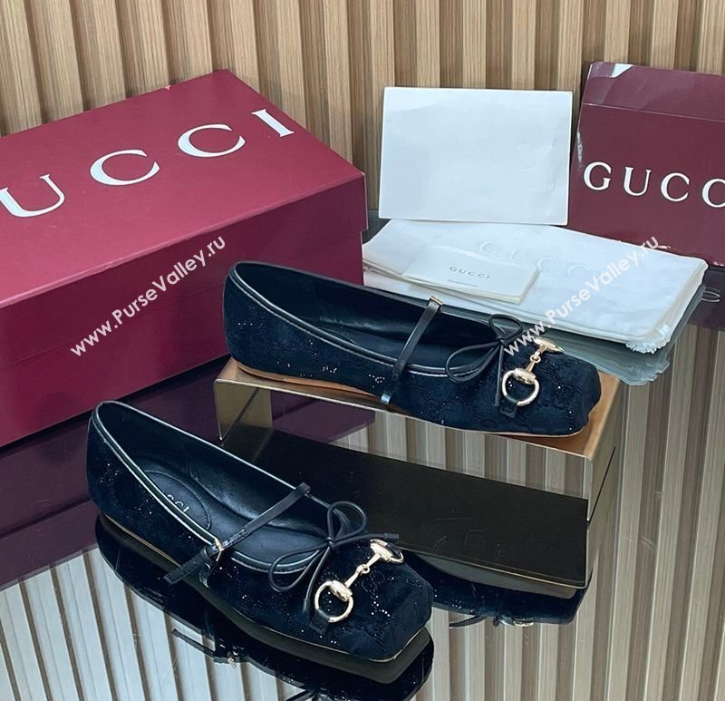 Gucci Crystal Velvet Horsebit Ballets Flat Black 2026 814321 (MD-260305117)