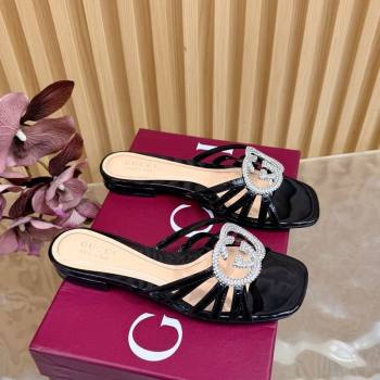 Gucci Patent Leather Flat Slides Sandal with Strass Interlocking G Black 2026 8523570 (MD-260305057)