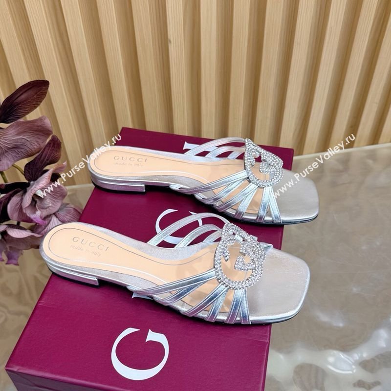 Gucci Calfskin Leather Flat Slides Sandal with Strass Interlocking G Silver 2026 8523570 (MD-260305059)