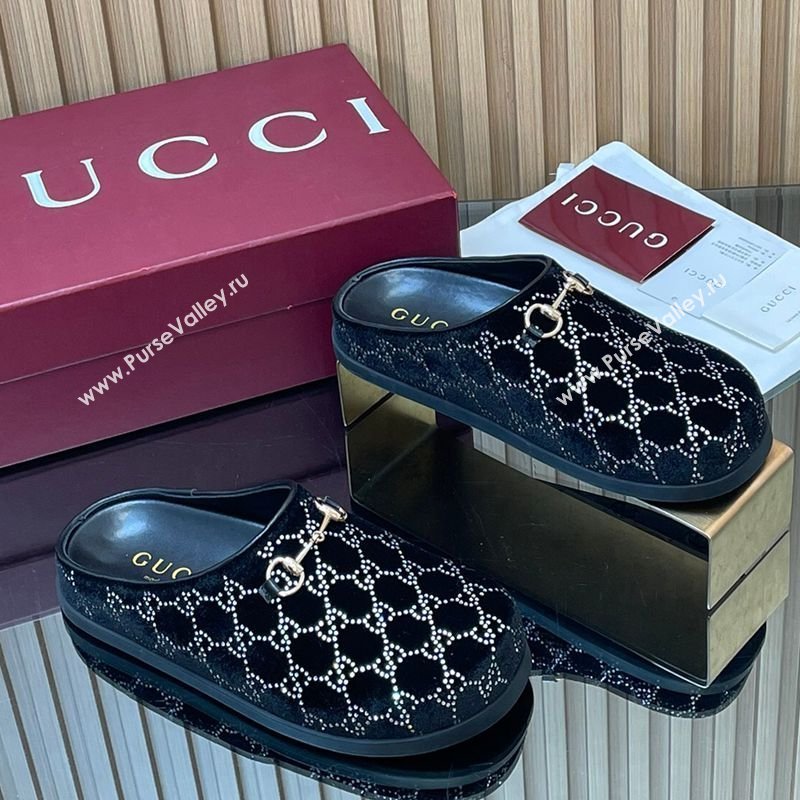 Gucci GG Strass Velvet Flat Mules with Horsebit Black 2026 836057 (MD-260305121)