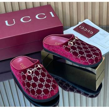 Gucci GG Strass Velvet Flat Mules with Horsebit Burgundy 2026 836057 (MD-260305122)