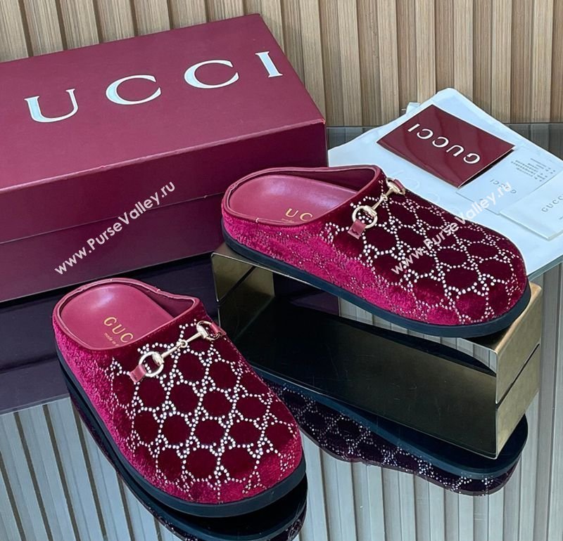Gucci GG Strass Velvet Flat Mules with Horsebit Burgundy 2026 836057 (MD-260305122)