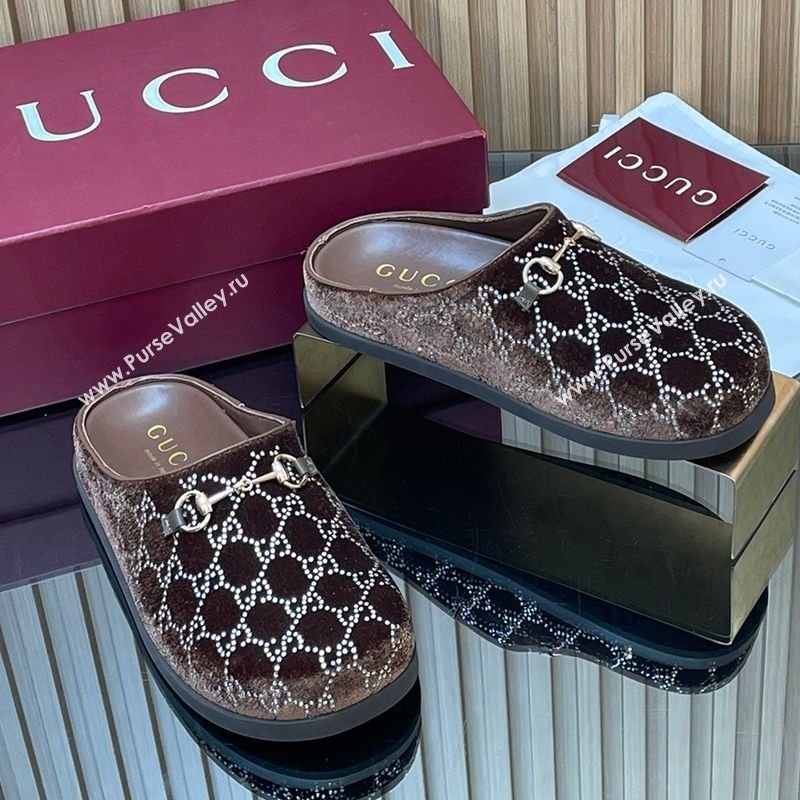Gucci GG Strass Velvet Flat Mules with Horsebit Brown 2026 836057 (MD-260305123)