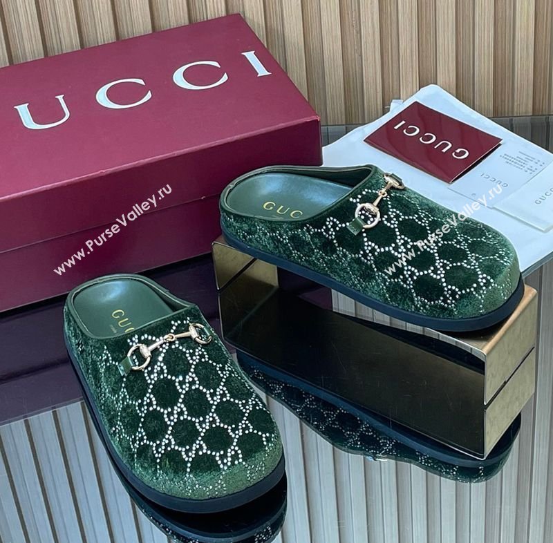 Gucci GG Strass Velvet Flat Mules with Horsebit Green 2026 836057 (MD-260305124)