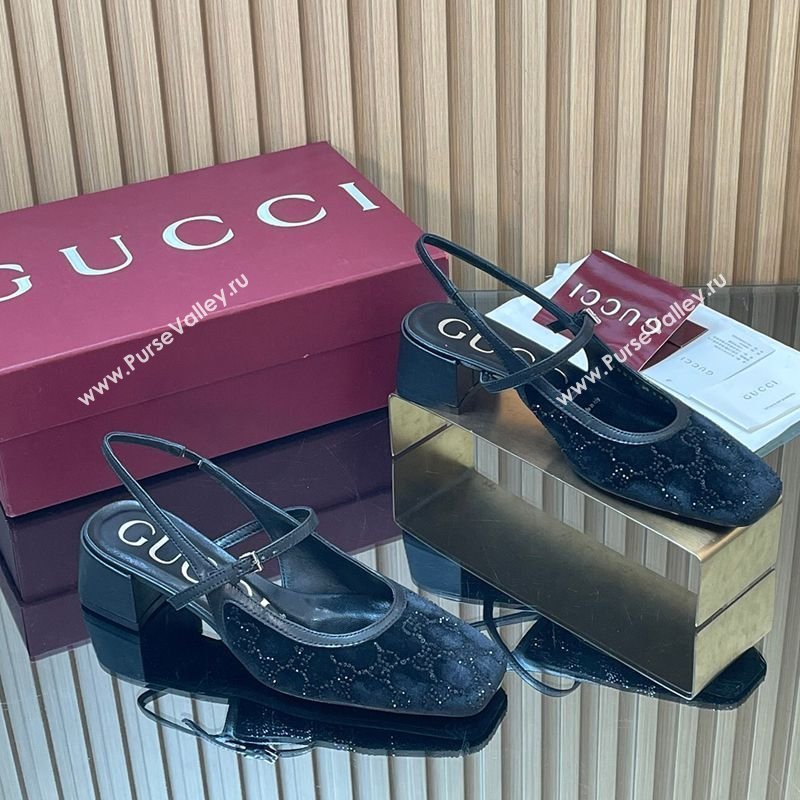 Gucci Strass and Velvet Slingbacks Pump 5.5cm with Strap Black 2026 GG030507 (MD-260305093)