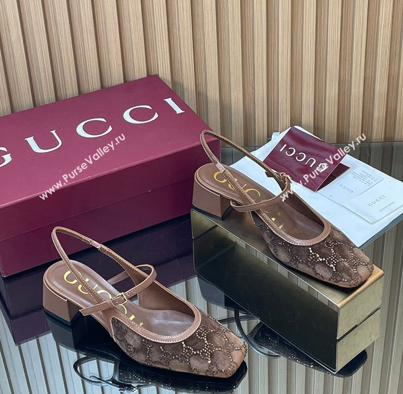 Gucci Strass and Velvet Slingbacks Pump 5.5cm with Strap Brown 2026 GG030507 (MD-260305095)