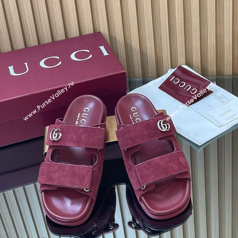 Gucci Suede Flat Slides Sandal with Strap Burgundy 2026 GG030501 (MD-260305003)