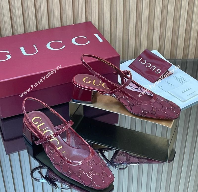 Gucci GG Strass Mesh Slingbacks Pump 5.5cm with Strap Burgundy 2026 GG030507 (MD-260305098)