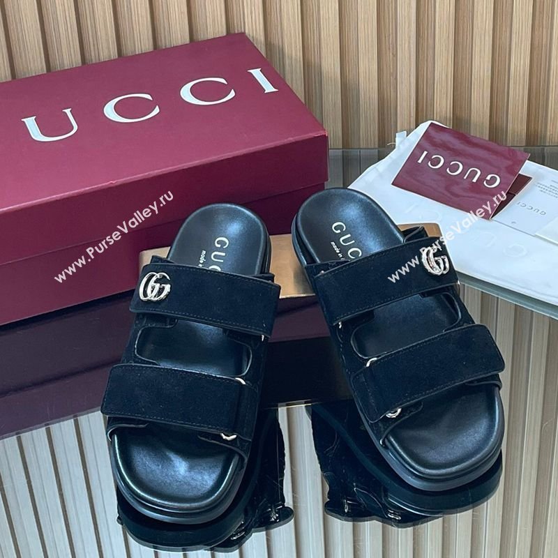 Gucci Suede Flat Slides Sandal with Strap Black 2026 GG030501 (MD-260305004)