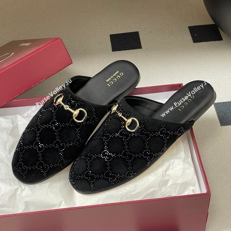 Gucci GG Strass Velvet Flat Mules with Horsebit Black 2026 849565 (MD-260305099)