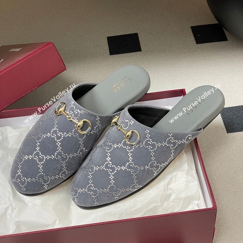 Gucci GG Strass Velvet Flat Mules with Horsebit Grey 2026 849565 (MD-260305100)