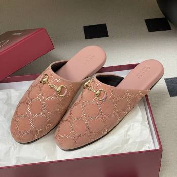 Gucci GG Strass Velvet Flat Mules with Horsebit Pink 2026 849565 (MD-260305101)