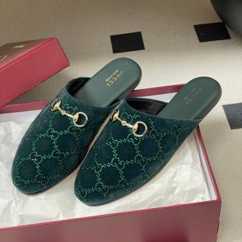 Gucci GG Strass Velvet Flat Mules with Horsebit Green 2026 849565 (MD-260305102)