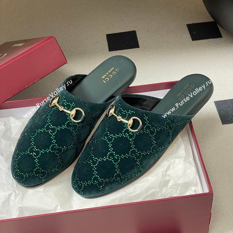 Gucci GG Strass Velvet Flat Mules with Horsebit Green 2026 849565 (MD-260305102)
