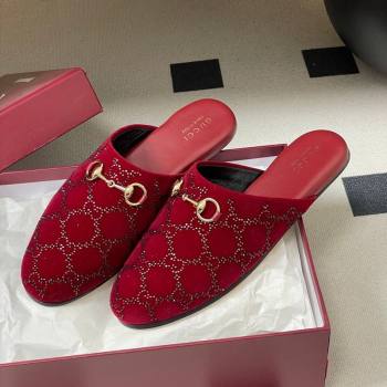 Gucci GG Strass Velvet Flat Mules with Horsebit Red 2026 849565 (MD-260305104)
