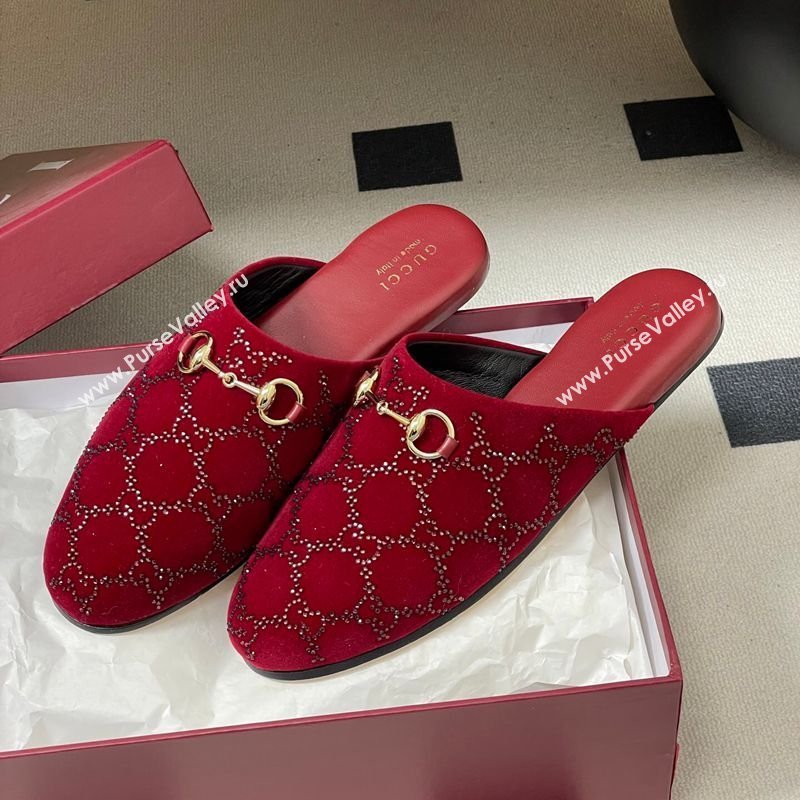 Gucci GG Strass Velvet Flat Mules with Horsebit Red 2026 849565 (MD-260305104)