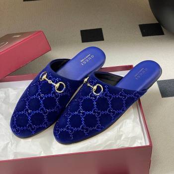 Gucci GG Strass Velvet Flat Mules with Horsebit Blue 2026 849565 (MD-260305105)