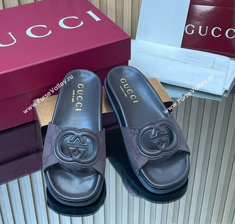 Gucci GG Canvas Interlocking G Flat Slides Sandal Dark Brown 2026 GG030502 (MD-260305005)