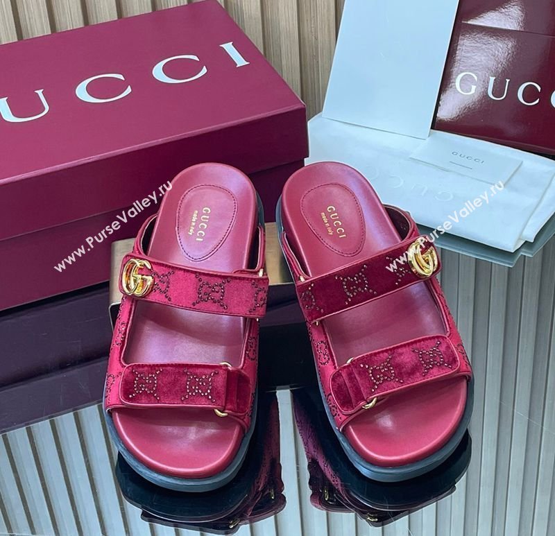 Gucci Strass and Velvet Flat Slides Sandal with Strap Red 2026 GG030501 (MD-260305010)