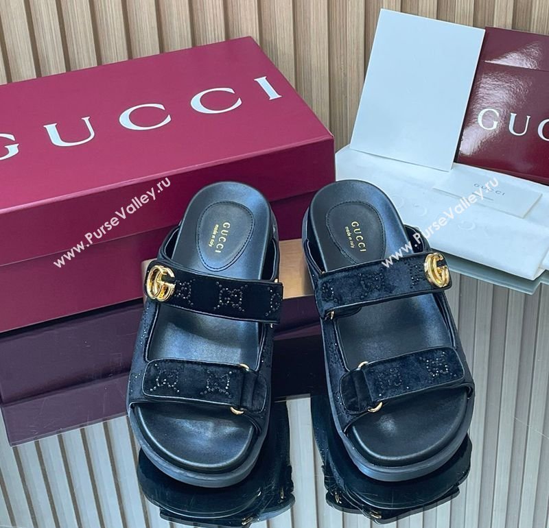 Gucci Strass and Velvet Flat Slides Sandal with Strap Black 2026 GG030501 (MD-260305011)