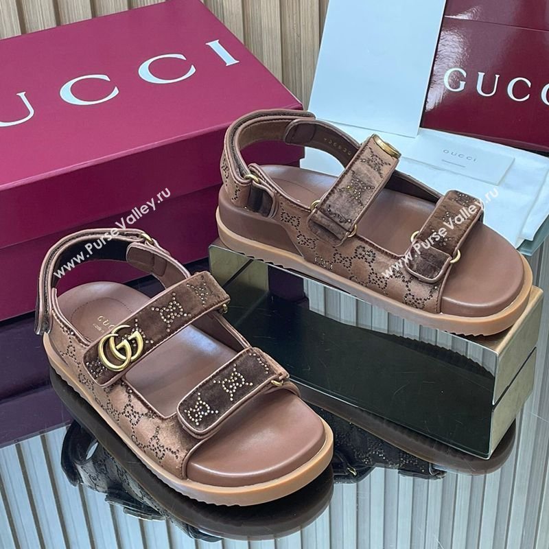 Gucci Strass and Velvet Flat Sandals with Strap Brown 2026 GG030501 (MD-260305013)