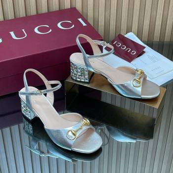 Gucci Calfskin Leather Heel Sandals 5.5cm with Horsebit and Strass Silver 2026 812292 (MD-260305066)