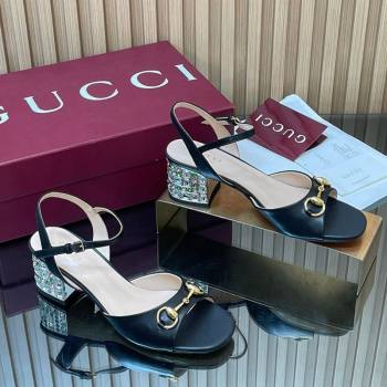 Gucci Lambskin Leather Heel Sandals 5.5cm with Horsebit and Strass Black 2026 812292 (MD-260305067)