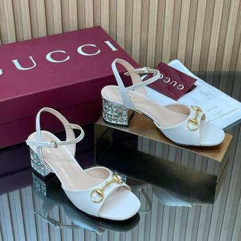 Gucci Lambskin Leather Heel Sandals 5.5cm with Horsebit and Strass White 2026 812292 (MD-260305068)