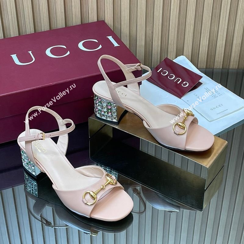 Gucci Lambskin Leather Heel Sandals 5.5cm with Horsebit and Strass Pale Pink 2026 812292 (MD-260305069)