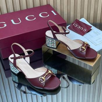 Gucci Lambskin Leather Heel Sandals 5.5cm with Horsebit and Strass Burgundy 2026 812292 (MD-260305070)