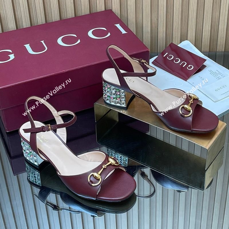 Gucci Lambskin Leather Heel Sandals 5.5cm with Horsebit and Strass Burgundy 2026 812292 (MD-260305070)