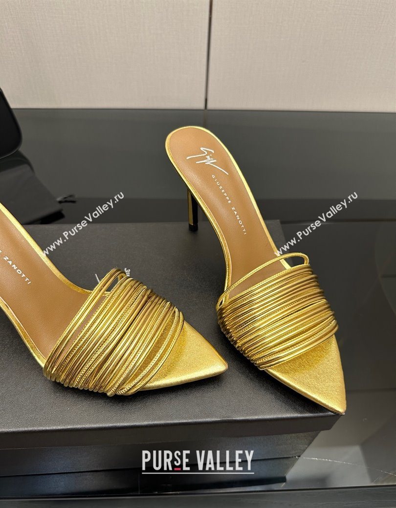 Giuseppe Zanott Intriigo Clio Heel Slides Sandal 9cm in Leather with Thin Strips Gold 2025 (MD-251031015)