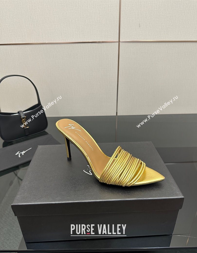 Giuseppe Zanott Intriigo Clio Heel Slides Sandal 9cm in Leather with Thin Strips Gold 2025 (MD-251031015)