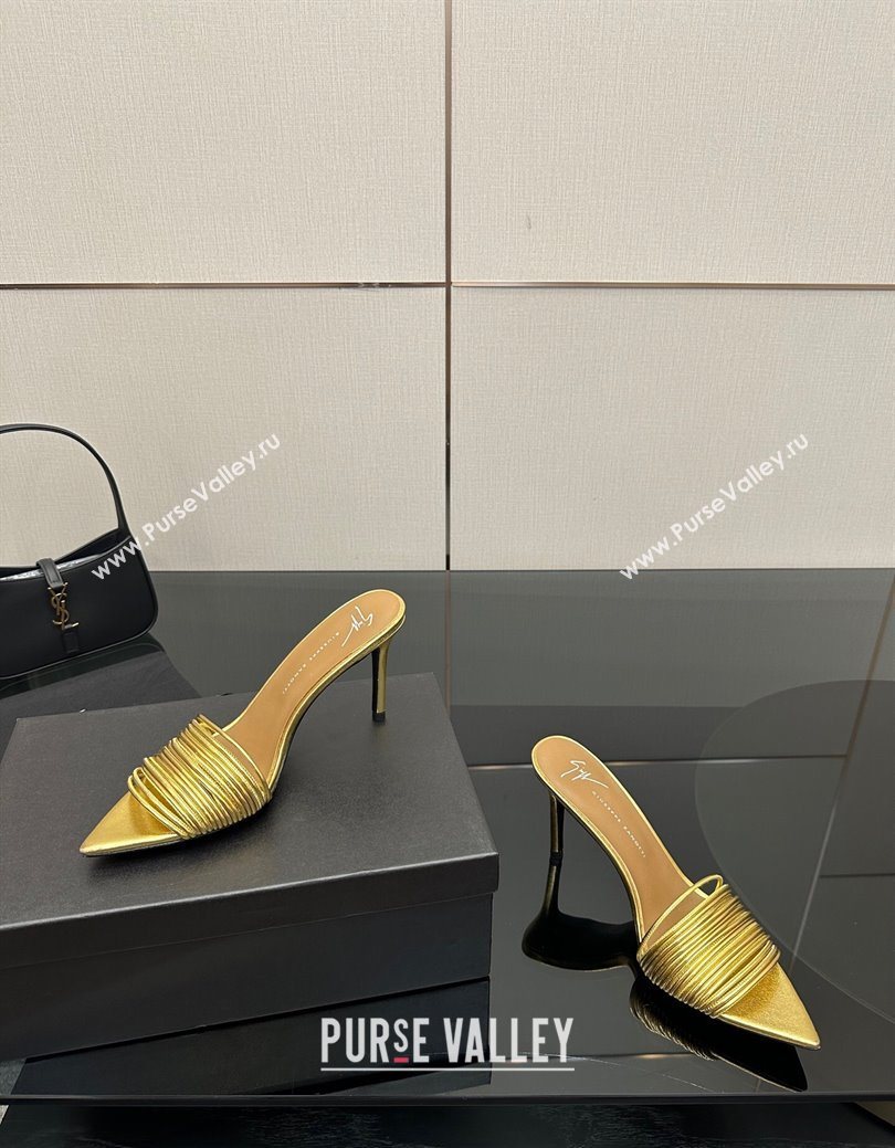 Giuseppe Zanott Intriigo Clio Heel Slides Sandal 9cm in Leather with Thin Strips Gold 2025 (MD-251031015)