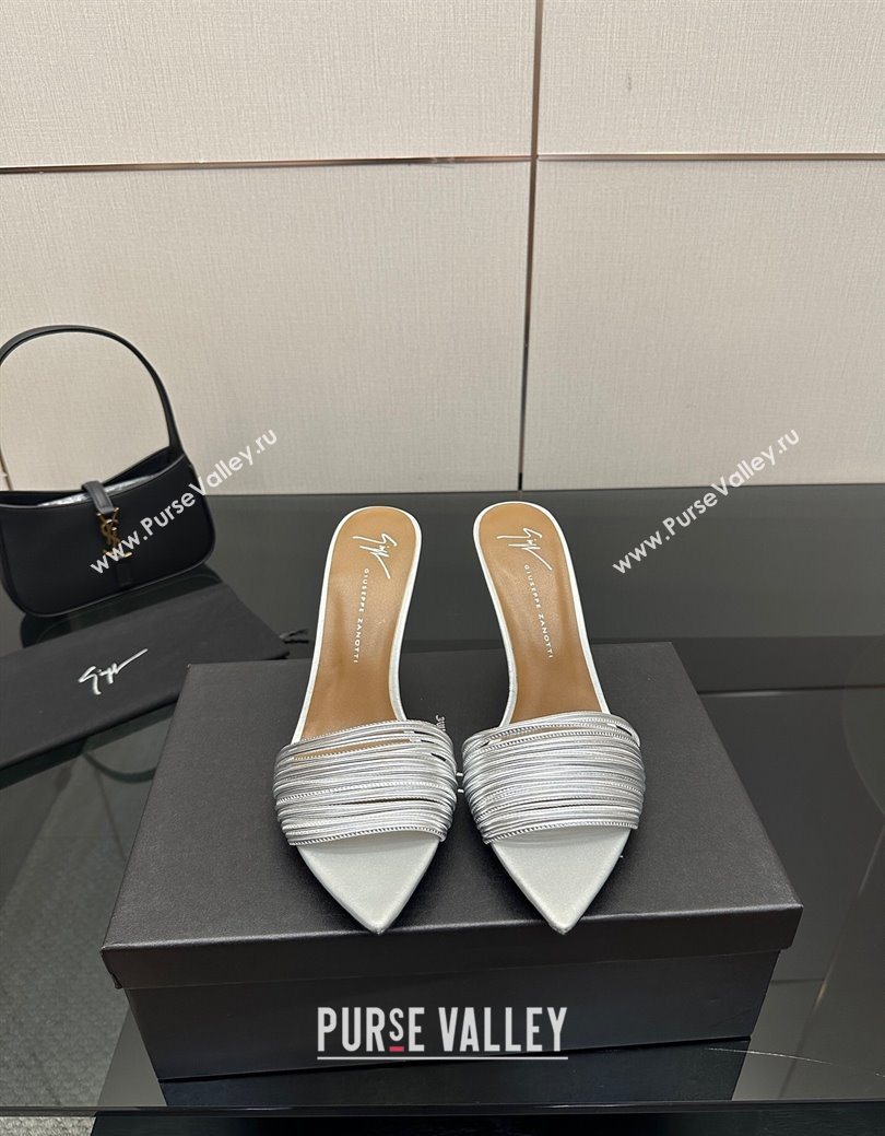 Giuseppe Zanott Intriigo Clio Heel Slides Sandal 9cm in Leather with Thin Strips Silver 2025 (MD-251031017)