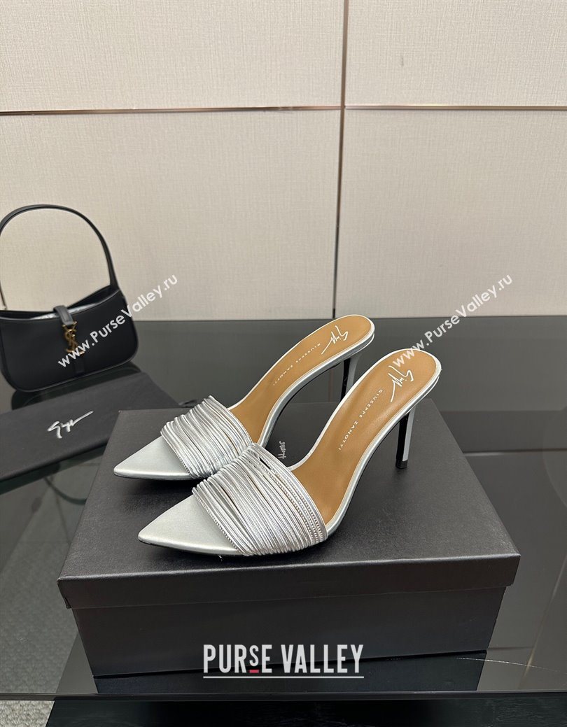 Giuseppe Zanott Intriigo Clio Heel Slides Sandal 9cm in Leather with Thin Strips Silver 2025 (MD-251031017)