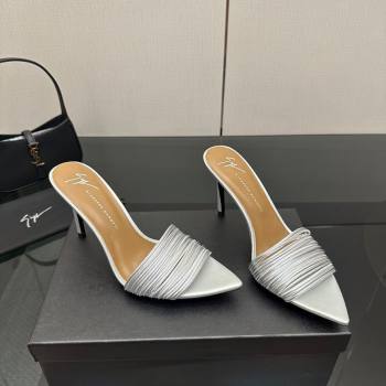 Giuseppe Zanott Intriigo Clio Heel Slides Sandal 9cm in Leather with Thin Strips Silver 2025 (MD-251031017)