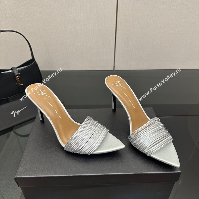 Giuseppe Zanott Intriigo Clio Heel Slides Sandal 9cm in Leather with Thin Strips Silver 2025 (MD-251031017)