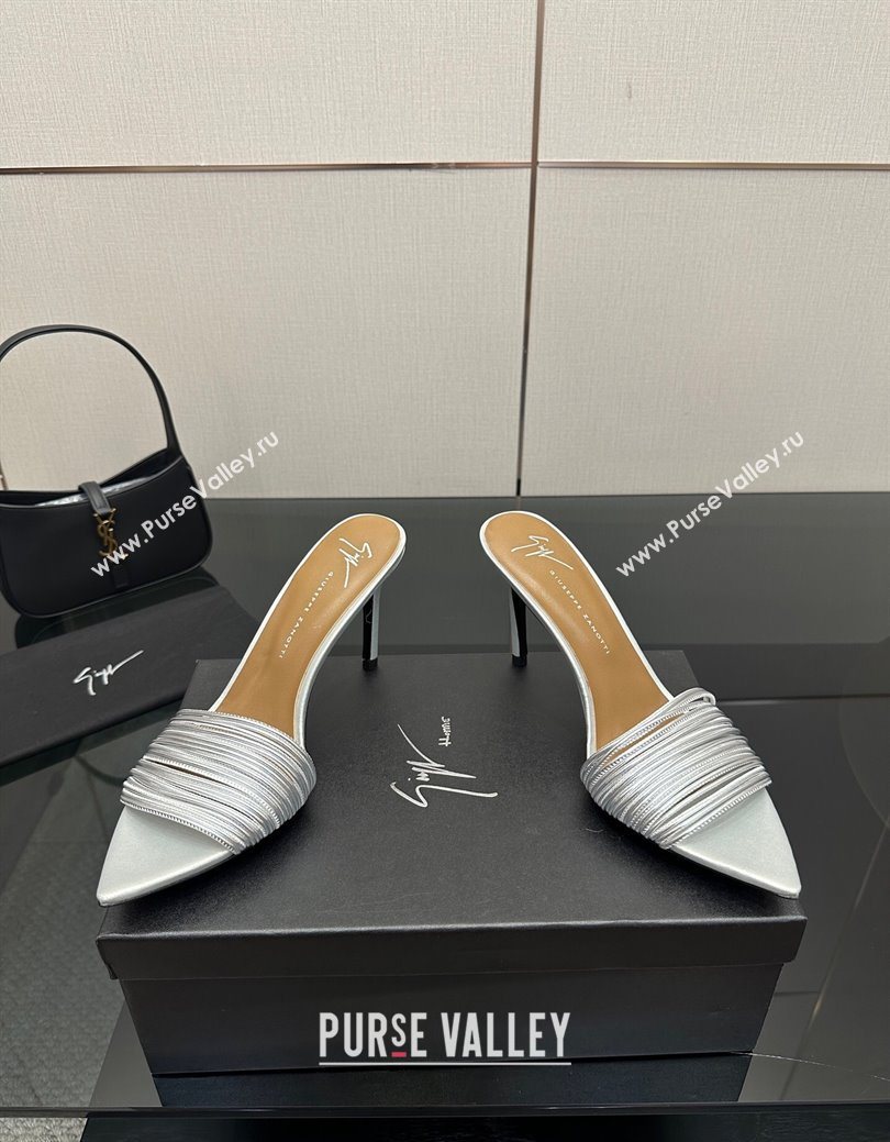 Giuseppe Zanott Intriigo Clio Heel Slides Sandal 9cm in Leather with Thin Strips Silver 2025 (MD-251031017)